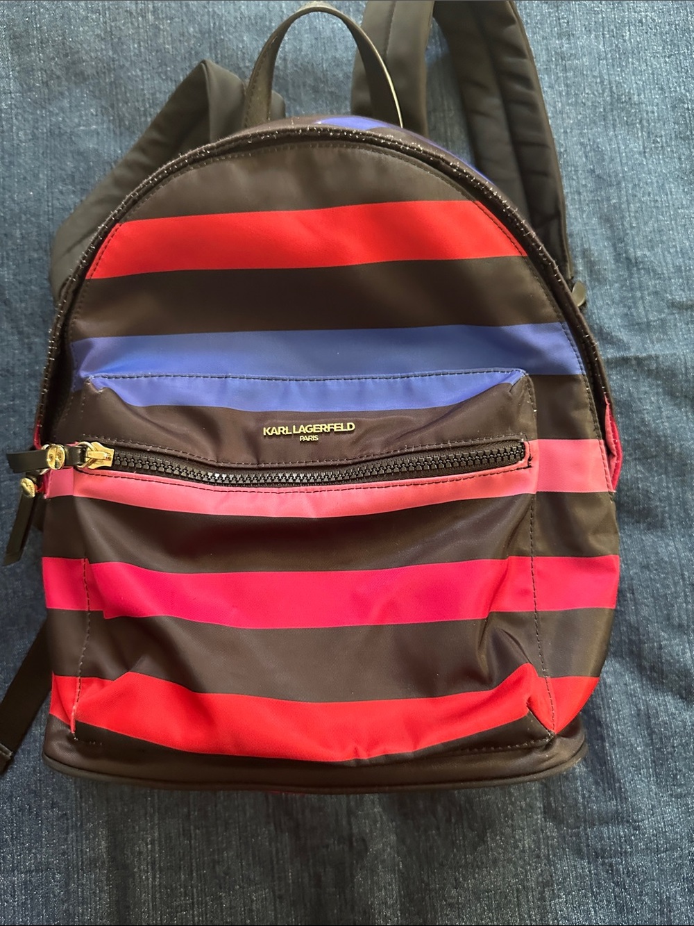 Karl Lagerfeld Black Striped Backpack with Red & Blue Accents